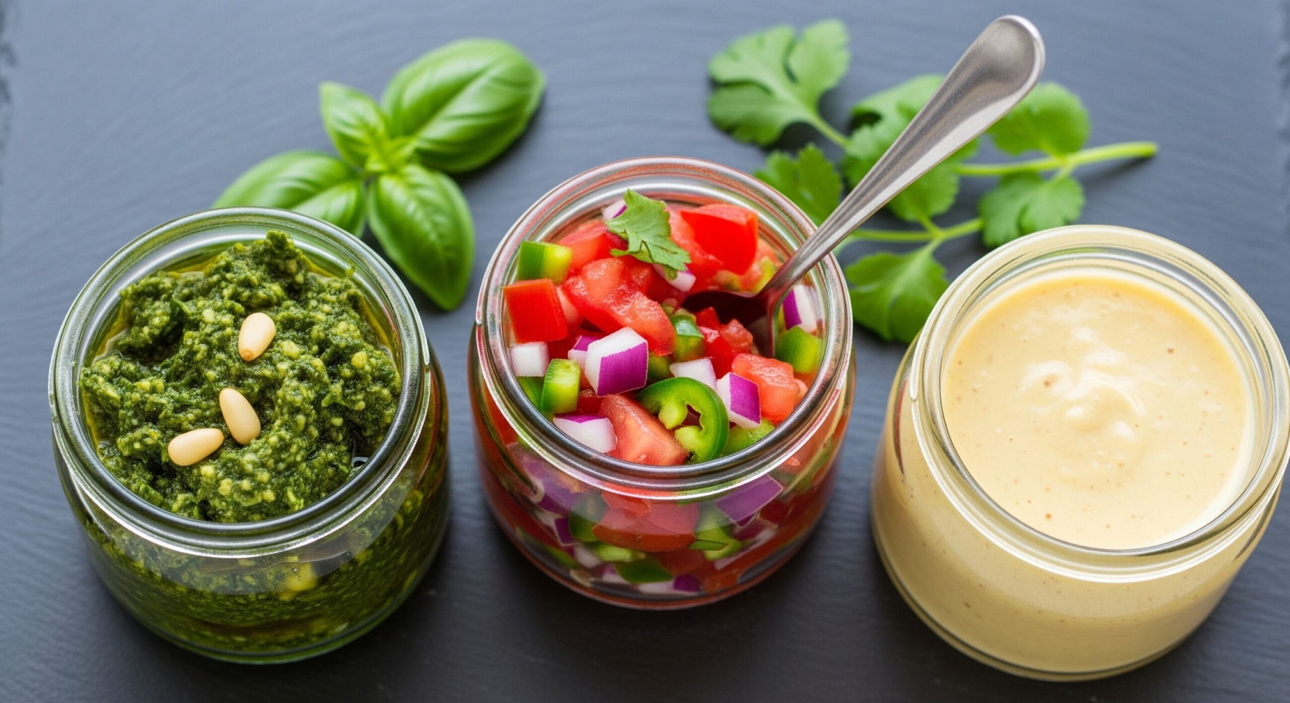 A variety of colorful sauces and dressings in small jars, ready to be added to meals.