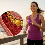 A slim, athletic woman jogs happily on a boardwalk at sunrise, with a circular overlay showing a microscopic view of an artery crowded with red blood cells and large yellow cholesterol molecules.
