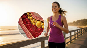 A slim, athletic woman jogs happily on a boardwalk at sunrise, with a circular overlay showing a microscopic view of an artery crowded with red blood cells and large yellow cholesterol molecules.