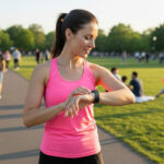 A woman checks her smartwatch during a jog in a bustling park, symbolizing the integration of personal health data into daily life and the importance of digital medical records security.