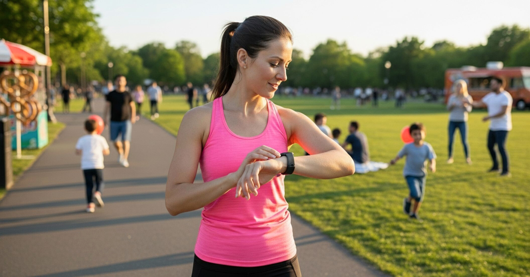A woman checks her smartwatch during a jog in a bustling park, symbolizing the integration of personal health data into daily life and the importance of digital medical records security.