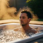 A man with a peaceful expression sits in an outdoor ice bath as the sun shines, with steam rising from the water, illustrating the serene and meditative state achievable through cold plunge therapy.