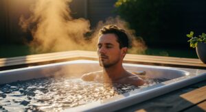 A man with a peaceful expression sits in an outdoor ice bath as the sun shines, with steam rising from the water, illustrating the serene and meditative state achievable through cold plunge therapy.