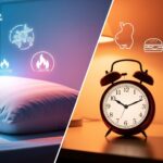 A conceptual image contrasting a peaceful sleep environment with icons of muscle growth and calorie burning (left) against a disruptive scene with an alarm clock, phone, and icons of unhealthy eating and fatigue (right), illustrating the impact of sleep optimization on health.