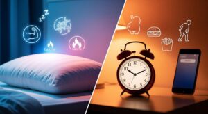 A conceptual image contrasting a peaceful sleep environment with icons of muscle growth and calorie burning (left) against a disruptive scene with an alarm clock, phone, and icons of unhealthy eating and fatigue (right), illustrating the impact of sleep optimization on health.