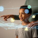 A parent's hand gently guides a curious child as they look at a glowing, abstract digital landscape filled with floating icons like books, music notes, and a lightbulb, symbolizing positive exploration and Internet safety for kids.
