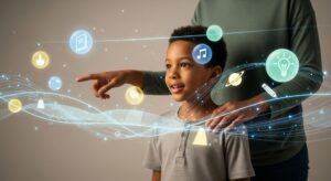 A parent's hand gently guides a curious child as they look at a glowing, abstract digital landscape filled with floating icons like books, music notes, and a lightbulb, symbolizing positive exploration and Internet safety for kids.