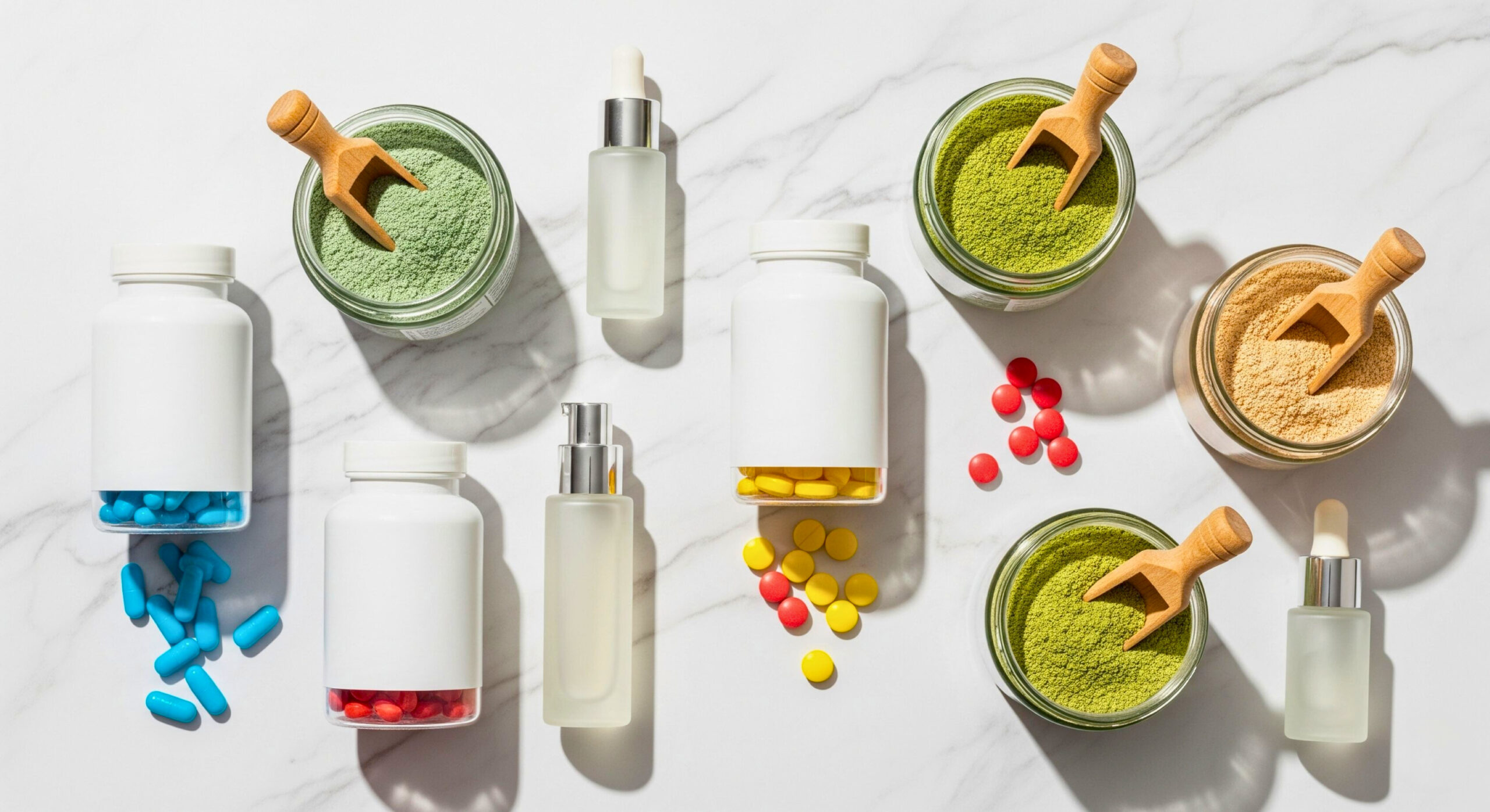 A collage of wellness products, a common sight in wellness washing.