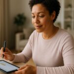 A diverse woman with short curly hair is calmly reviewing her digital calendar on a tablet, appearing to schedule or confirm an annual health checkup.