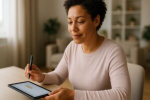 A diverse woman with short curly hair is calmly reviewing her digital calendar on a tablet, appearing to schedule or confirm an annual health checkup.