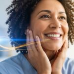 A smiling woman looking relieved as waves of light illustrate the healing effects on her jawline, showcasing the benefits of cold laser therapy for pain and inflammation.