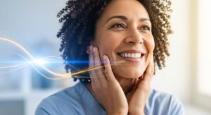 A smiling woman looking relieved as waves of light illustrate the healing effects on her jawline, showcasing the benefits of cold laser therapy for pain and inflammation.