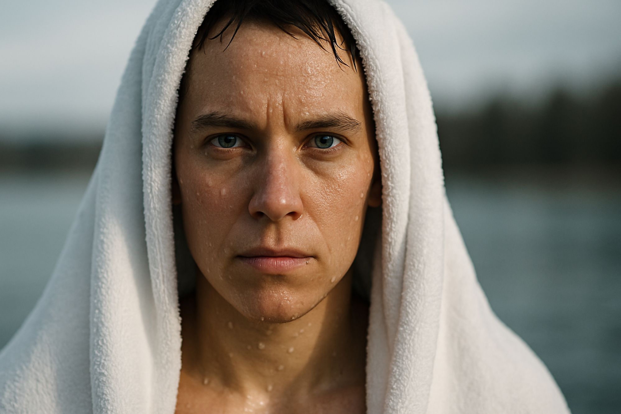 A person looking focused and energized after a cold plunge.