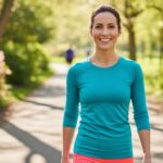 A vibrant, eye-level photo of a happy and confident woman in her mid-30s smiling at the camera while on a morning walk in a sunlit park.