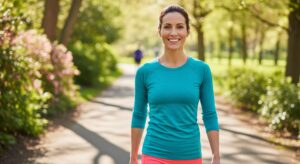 A vibrant, eye-level photo of a happy and confident woman in her mid-30s smiling at the camera while on a morning walk in a sunlit park.
