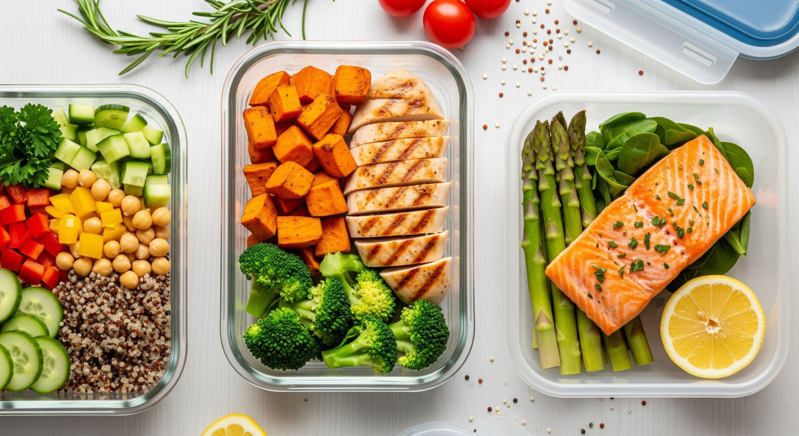 A healthy meal prep guide showing colorful containers with chicken, quinoa, and vegetables.