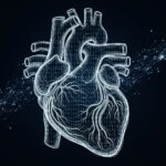 An anatomical silhouette of a human heart created from glowing binary code and data points, symbolizing the role of technology in advanced cholesterol treatment.