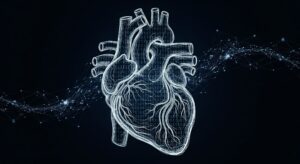 An anatomical silhouette of a human heart created from glowing binary code and data points, symbolizing the role of technology in advanced cholesterol treatment.