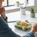 An over-the-shoulder shot of a relaxed person at a clean, modern work desk, enjoying a healthy, prepped salad lunch from a glass container, with a laptop and water bottle in the background.