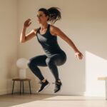 A young woman performing a jump squat indoors, showcasing an effective home exercise routine.