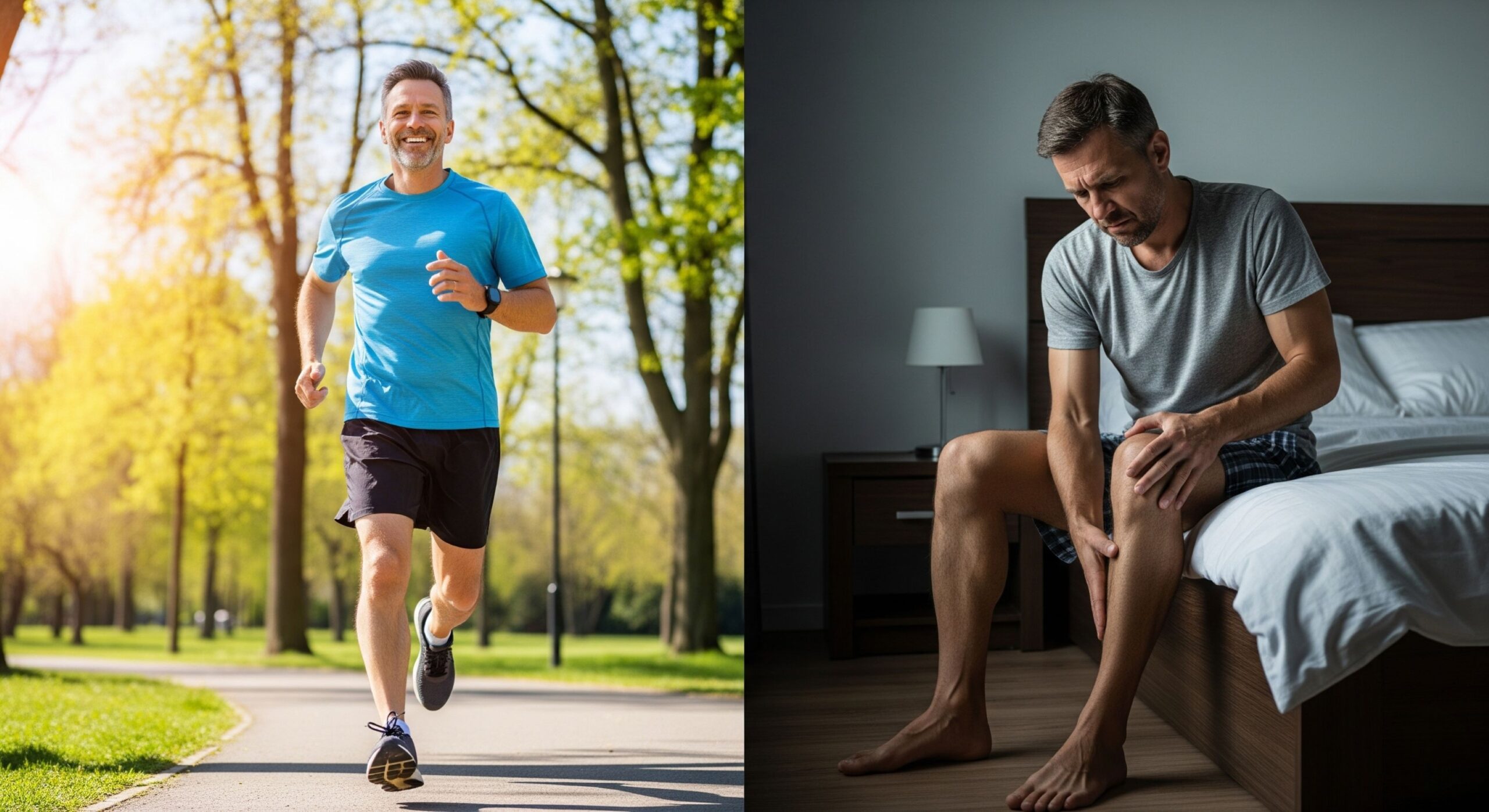 Conceptual image of a man feeling muscle pain in his leg, a potential side effect of statins.
