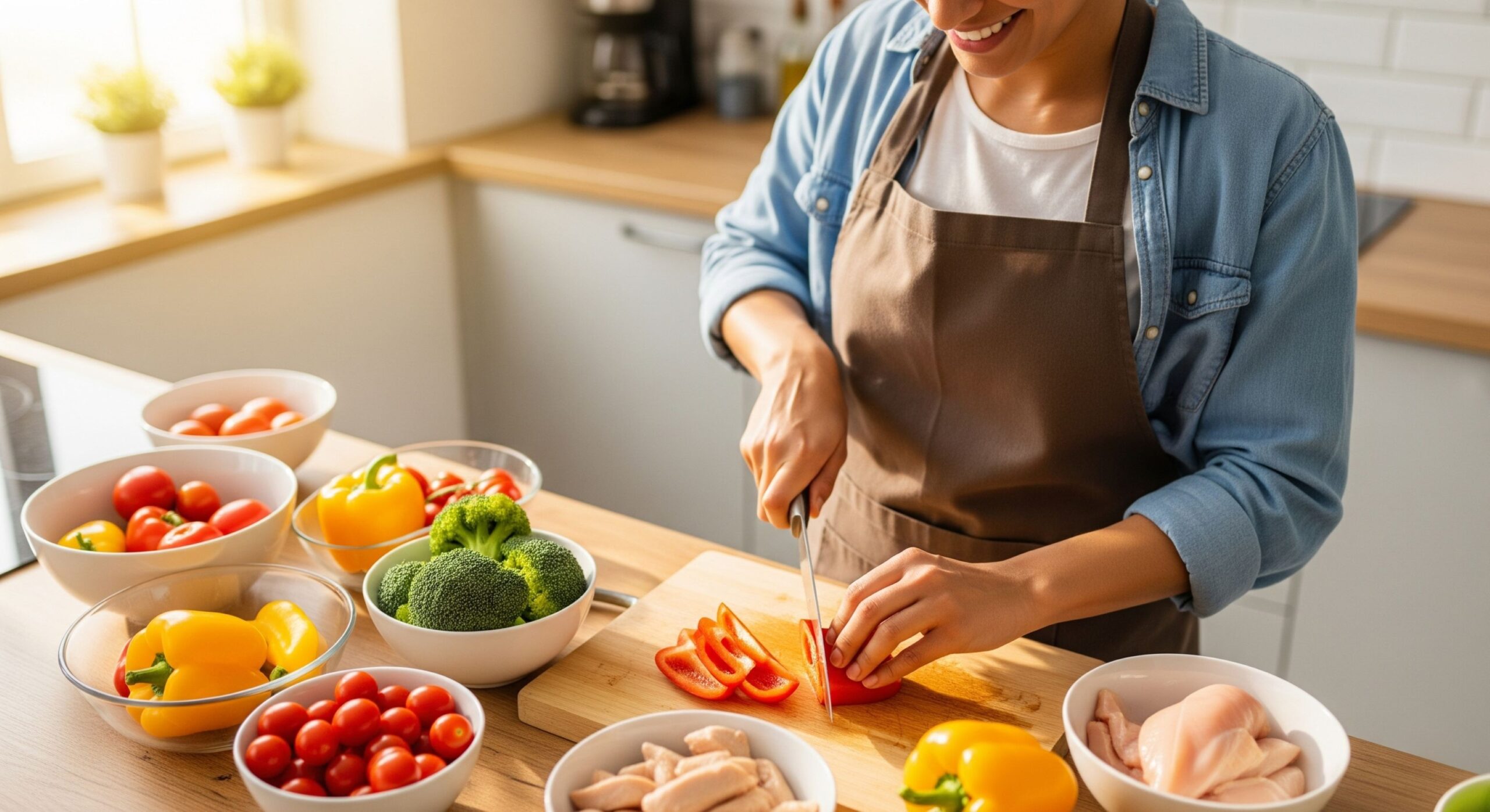 A person actively meal prepping in a bright kitchen, chopping colorful vegetables.