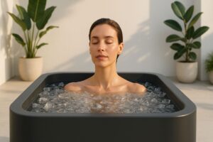 A serene woman with closed eyes meditates in a modern outdoor ice bath, surrounded by ice and minimalist greenery, illustrating the benefits of cold plunge therapy.