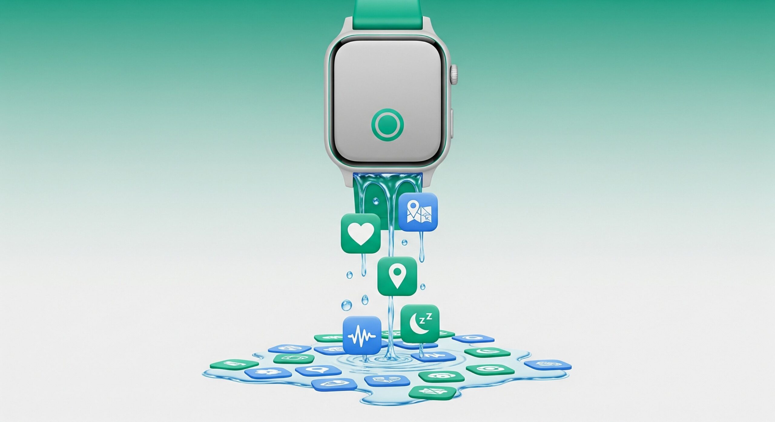 A smartwatch leaking data icons like a faucet, symbolizing the core of wearable privacy risks.