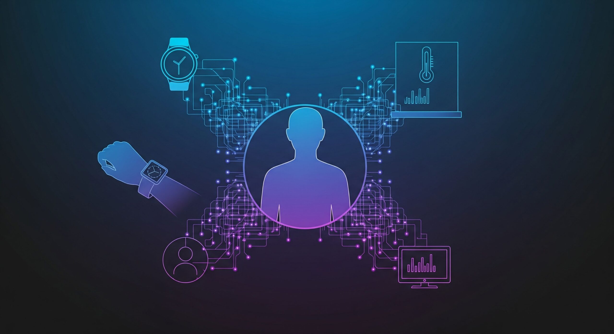 A conceptual illustration of a user's digital profile linked to various smart devices.