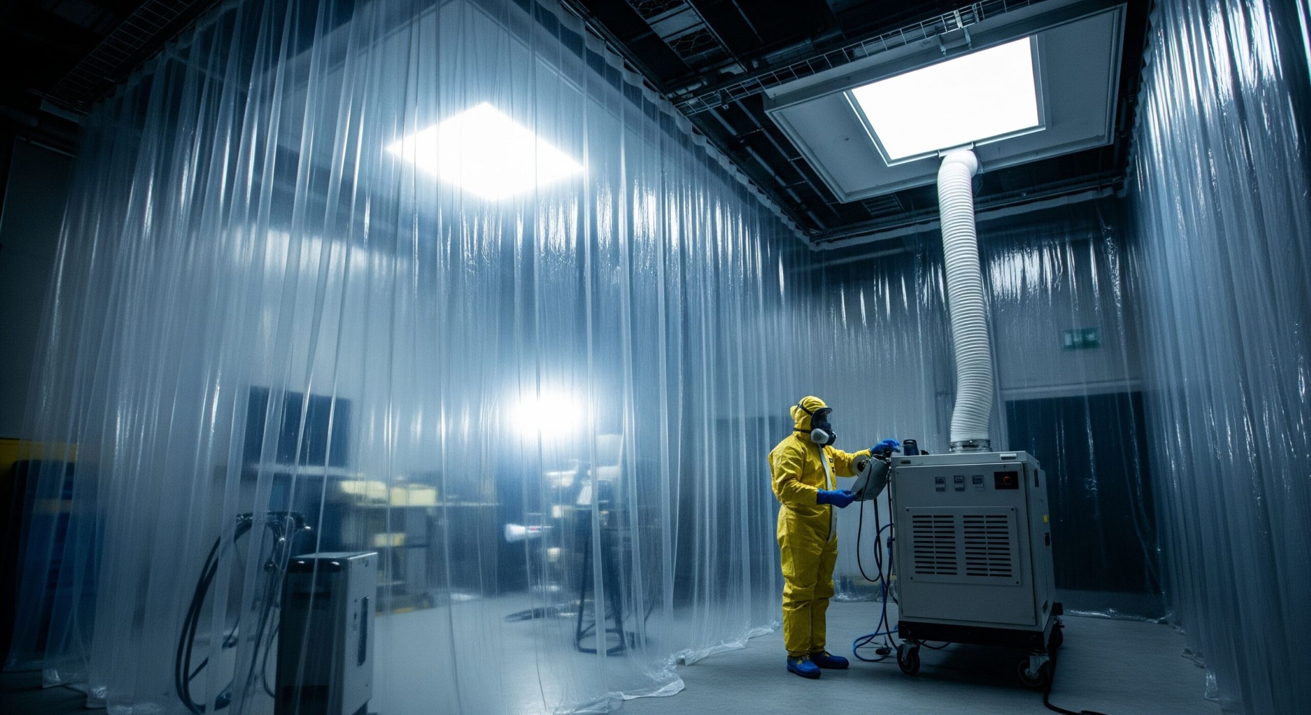 A full-scale asbestos abatement scene with a room sealed in plastic and workers in hazmat suits.