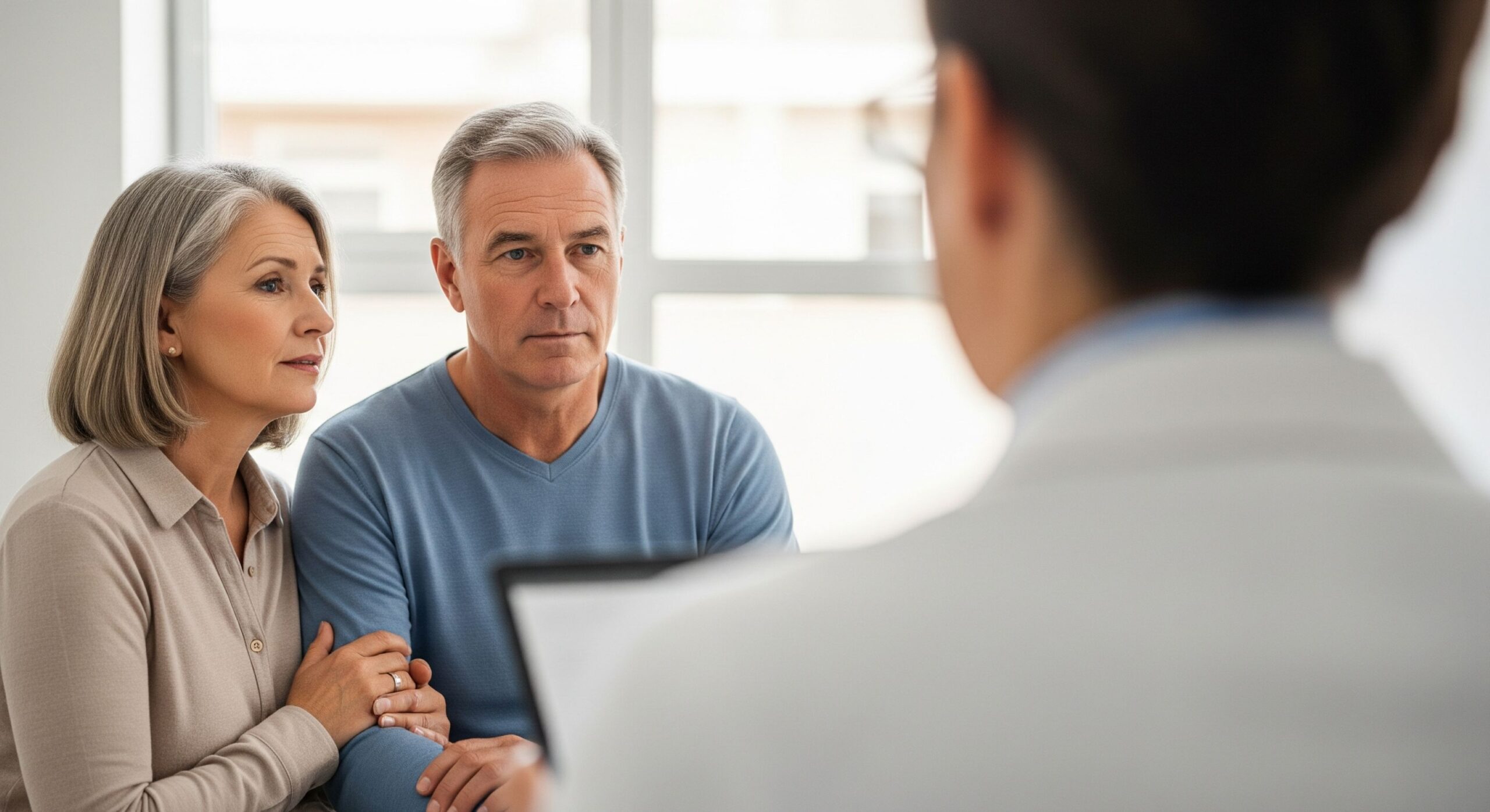 A couple consulting with a doctor in a bright office.