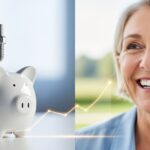 A conceptual image illustrating dental implant costs as an investment, showing a dental implant post being placed into a piggy bank on one side and a happy, smiling woman on the other, connected by a rising graph indicating a positive return.