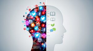 A conceptual image illustrating a digital diet, showing a silhouette of a head split in two. One side is chaotic with glowing social media icons, while the other side is calm with icons for books, nature, and conversation, representing a move from digital overload to mindfulness.
