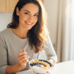 Young woman smiling happily in a sunny kitchen, eating a bowl of yogurt topped with fresh fruit and seeds, representing proactive steps for gut health.