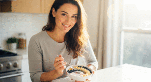 Young woman smiling happily in a sunny kitchen, eating a bowl of yogurt topped with fresh fruit and seeds, representing proactive steps for gut health.