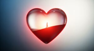 A conceptual image of a silhouette of a person walking inside a glowing, protective red heart. This visual metaphor represents improved cardiovascular outcomes and the significant Ozempic's heart benefits for patient vitality and long-term health.