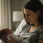 A concerned new mother sits in bed and closely examines her newborn baby, checking for potential birth injury red flags.