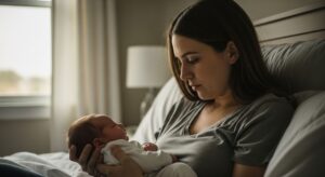 A concerned new mother sits in bed and closely examines her newborn baby, checking for potential birth injury red flags.