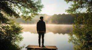 A man in a hoodie stands on a small wooden dock looking out over a misty, tranquil lake, embodying the peace of a weekend digital detox.
