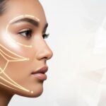 A woman's facial profile with glowing geometric lines illustrating the precision planning and technology covered in the US Plastic Surgery Guide.