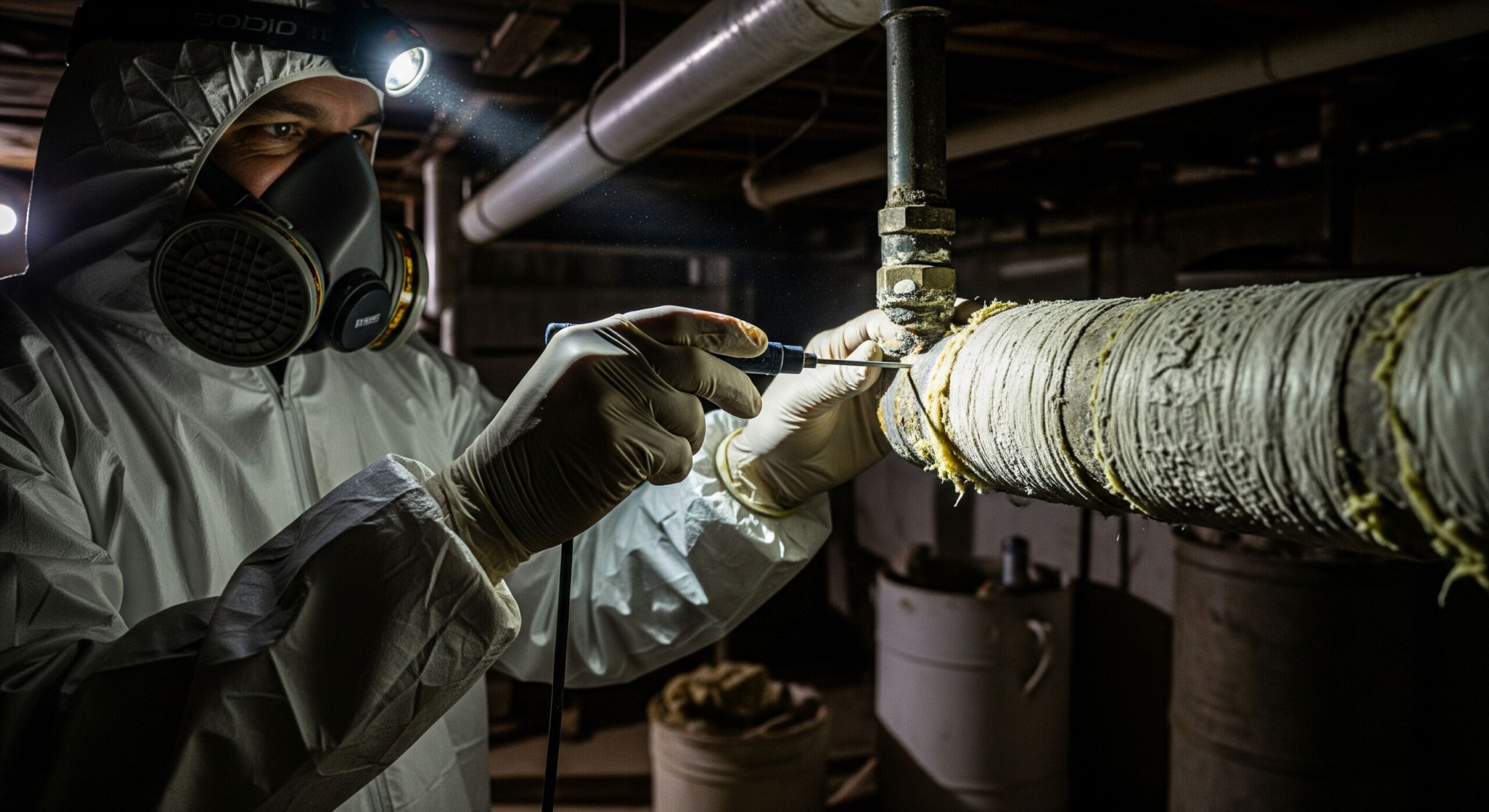 A professional in full protective gear carefully taking a sample from a wall.