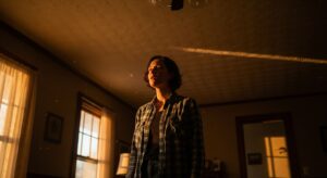A worried homeowner looks up in a dusty, dimly lit room where sunlight reveals floating particles, symbolizing the unseen hazard of asbestos in your home.