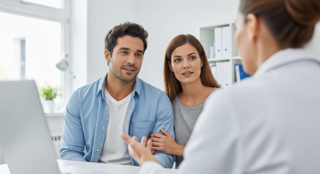 Parents intently listening to a doctor discuss test results related to observed birth injury signs.