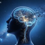 A glowing, digitized human brain silhouette against a starry, cosmic background, symbolizing neural activity and the importance of brain health to sleep better tonight.