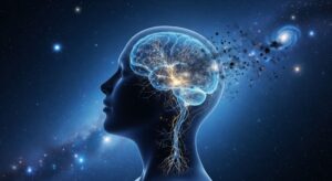 A glowing, digitized human brain silhouette against a starry, cosmic background, symbolizing neural activity and the importance of brain health to sleep better tonight.