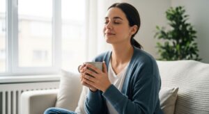 A woman sits calmly on a sofa holding a mug, experiencing the peaceful benefits of her Daily Calm Meditation practice.