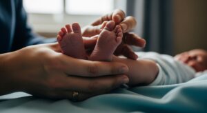 Close-up of newborn's tiny feet held by parent's hands, used to illustrate the importance of checking for birth injury signs.