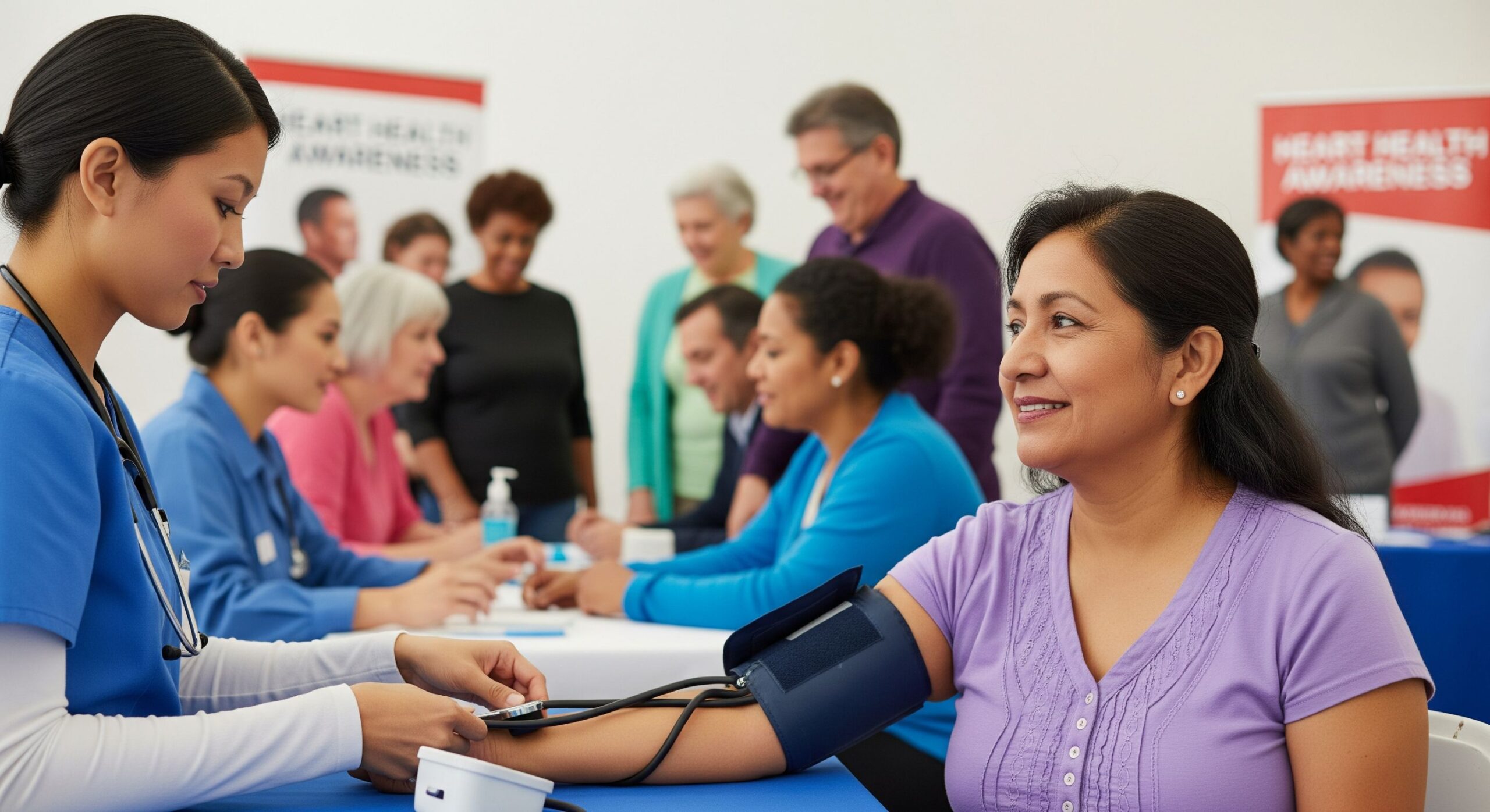 A diverse group at a heart health event getting checked, a key step in high blood pressure detection.