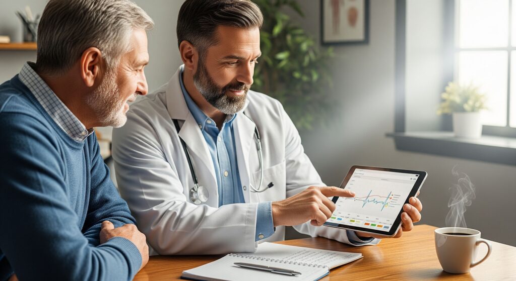 A male doctor shows an older male patient a health chart on a tablet screen during a consultation.