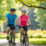 A happy senior couple, wearing helmets, smiles at each other while riding bicycles on a path in a sunny park, representing an active lifestyle to combat high blood pressure and heart disease.
